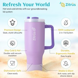 ZITRÜS 40 oz Tumbler with Handle and Straw | 100% Leakproof Insulated | 2 in 1 Sip Lid and Hidden Straw | Stainless Steel Travel Mug | Cup Holder Friendly | Non-Slip Sleeve (Violet, 40 oz)