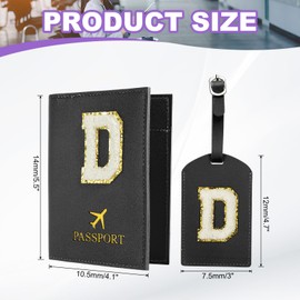 PATIKIL Passport Holder for Travel, Initial Passport Cover and Luggage Tag Set with Alphabet Chenille Letter Patch Travel Wallet Bag Suitcase Identifier for Women Family Travel Black D