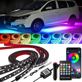 Set of 4 Floor Lighting Kit for Car, App and Remote Control Multicoloured Underbody Lights for Cars, Music Synchronisation RGB Strip Light, 252 Waterproof LEDs for Car, Trucks and SUV