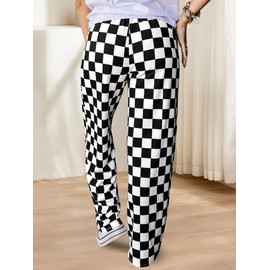 IYOWEL Womens Checkered Pants Y2K Pajama Pants Elastic Waist Wide Leg Lounge Pants Comfy Pj Bottoms with Pockets Loungewear Black White L