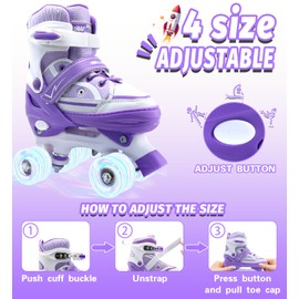 WELLWON Kids Roller Skates for Boys Girls, 4 Size Adjustable Kids Rollerskates with Light Up Wheels, Roller Skates for Boys Girls Size S Light Purple