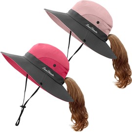 29 IYEBRAO 2 Pack Kids Girls Sun Hat with Ponytail Hole Summer Wide Brim UV Protection Bucket Cap for Beach＆Fishing UPF 50+