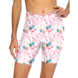 Cagola Womens Swim Shorts High Waisted Bathing Suits Tummy Control Swimsuit Bottoms 7" Board Shorts Swimming Beach Pool Swimwear Pink Flamingo L