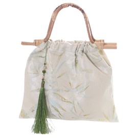Kawaii-Story LB-6145 China Asian Style Wooden Handle Embroidered Bamboo Leaves Pattern Women's Shopper Carry Bag 34 x 32 cm Beige, beige