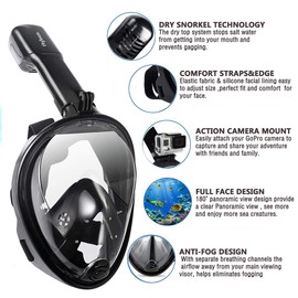 Diving Mask, Snorkel Mask, Full Mask, 180 Degree Vision, Diving Masks with Panoramic Full Face Design, Sports Cameras, Compatible Diving Goggles for Adults and Children