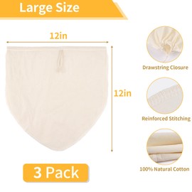 3 Pcs 12"x12" Nut Milk Bag, Natural Unbleached Cotton Cheese Cloth Bag for Straining, Reusable Strainer Bag for Oat Almond Milk, Cheese Making, Yogurt, Juice, Cold Brew Coffee, Beer Tea (12x12 Inch)