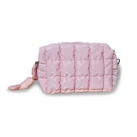 PIAKASSO Quilted Pink Makeup Bag, Cute Puffer Aesthetic Makeup Pouch, Organizer for Women, Soft Padded Travel Toiletry Bag, Includes Pink Hair Clip, Stylish Gift Idea
