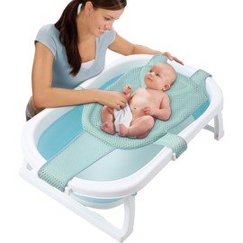 Baby Bath Net, Non Slip Newborn Baby Bath Seat with Adjustable Bathtub Sponge Cushion Net, Soft Touch Baby Bath Support Seat Net with 5 Safety Support Corner for 0-12 Months (Green)