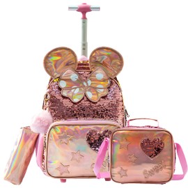 Inprof Rolling Backpacks for Girls Wheeled School Bag with Lunch Bag and Pencil Case Lightweight Bookbags for Girls Trolley Girls Backpacks with Wheels