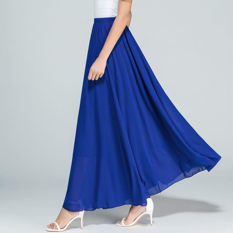 Women Chiffon Maxi Skirt, Spring, Summer, Elastic Waist, Lined, Flared