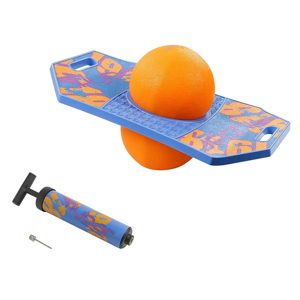 Flybar Pogo Trick Ball for Kids, Trick Bounce Board for Boys and Girls Ages 6+, Up to 160 lbs, Includes Pump, Easy to Carry Handle, Durable Plastic Deck Indoor, Outdoor Toy Pogo Jumper (Blue Dawn 2)