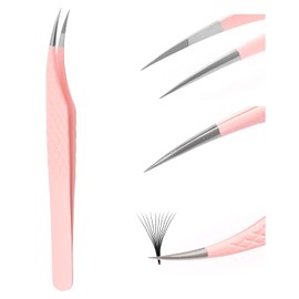 Independent Tweezers, Eyelash Extension, Pink Stainless Steel Curved Tip, Professional Eyelash Tweezers, Striped Fadvan (Dolphin Shape)