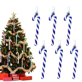 13cm Blue White Candy Cane Christmas Decorations,6pcs Christmas Glitter Candy Cane,Xmas Tree Pendant Hanging Ornaments Plastic Candy Cane for Christmas Tree Decorations,Holiday New Year Party Decor