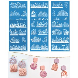 Puocaon Wildflower Clay Silkscreen Stencils - 6 Pcs Reusable Polymer Clay Silk Screen Stencils Flower Pattern, Floral Bouquet Silk Screen Stencils for Earrings Design