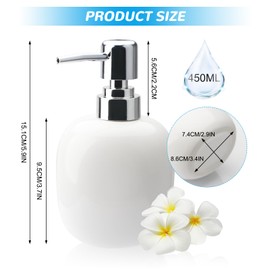Qudubuy 450ml Oval Ceramic Soap Dispenser with Pump Refillable Lotion Bottle for Liquid Soap, Shampoo, Bath Milk for Modern Hotel Home Bathrooms and Kitchens (White)