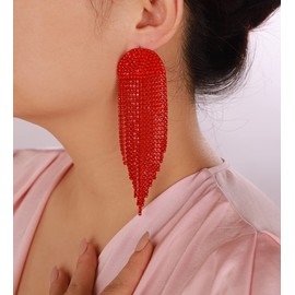 Denifery Rhinestone Earrings Dangling Long Chandelier Earrings Tassel Fringe Crystals Dangle Earrings Fashion for Women (Red)