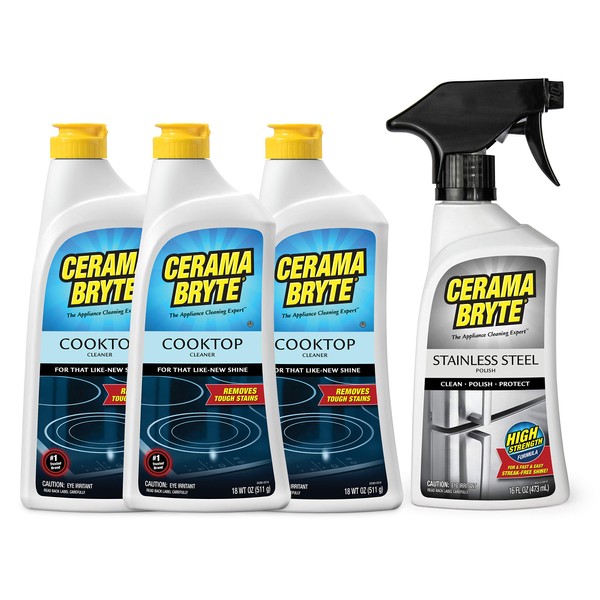Cerama Bryte Stainless Steel Polish & Removes Tough Stains Cooktop and Stove Top Cleaner for Glass - Ceramic Surfaces, 16 & 18 Ounces, 4 Pack(1 x Steel & 3 x Cooktop)