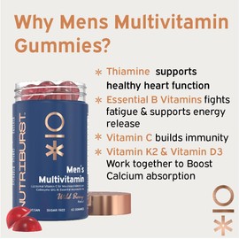 Nutriburst - Men’s Multivitamin Multipack - Immune Function & Mental Performance - Contains 16 Micronutrients; B2, B3, B5, B6, B12, A, C, D Vegan & Sugar Free - 3 x 60 Berry Gummies - 3 Month Supply