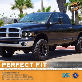 WEELMOTO Headlight for 02-05 Dodge Ram 1500 Pickup Headlamp for 03-05 Dodge Ram 2500/3500 Pickup Pair Black Housing Amber Reflector Left+Right Side