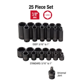 SUNEX TOOLS 3325 3/8-Inch Drive SAE Master Impact Socket Set., Standard/Deep, 6-Point, Cr-Mo, 5/16-Inch - 1-Inch, 25-Piece