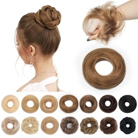 SEGO Human Hair Messy Bun Hairpieces Real Scrunchies Natural Wavy Smoothed Updo Donut Chignon Ponytail Extensions for Women Girls-#06 Light Brown