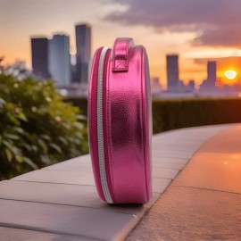 Neiman Marcus New Stephanie Johnson/Nieman Marcus Toiletry Makeup Round Bag Metallic Pink