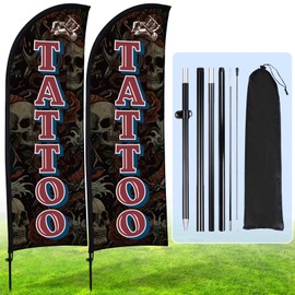 Buryeah 2 Sets Tattoo Feather Flag Pole Kit 7 ft Tattoo Shop Advertising Banner Sign Swooper Flag and Ground Stake and Portable Bag for Studio Shop Plaque Outside Outdoor Ground Advertising Business