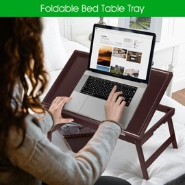 Bamboo Bed Tray Table with Foldable Legs & Ergonomic Handle, 17x12in Breakfast Tray for Eating, Laptop Desk, Sofa Snacking, Non-Slip Surface (Mahogany)