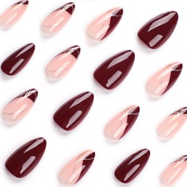 Wine Red Press on Nails Medium Almond - Nude Pink Fake Nails Red French False Nails Press ons with Glitter Gold Lines Design Full Cover Glossy Nail Tips Acrylic Nail Art Kit for Women 24 Pcs