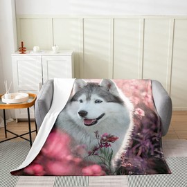 Cherry Dog Fleece Throw Blanket for Bed Sofa Couch,Kids Pet Dog Siberian Husky Floral Fleece Flannel Fuzzy Blanket All Season Bed Blanket,Pink Cherry Blossom Room Decor Plush Blanket Twin 60"x80"