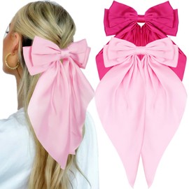 JOYRUBY Pink Hair Bows for Women Girls, Hot Pink Bows for Hair Bow Clips, 2PCS Satin Hair Bows with Long Tail Alligator Hair Clips, Big Hair Bows for Girls Coquette Bows Hair Ribbon Accessories