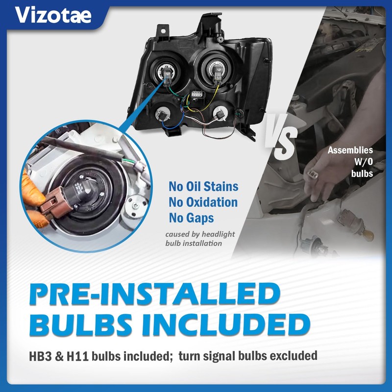 Vizotae Headlights Assembly Halogen W/Bulbs for 07-14 Chevy Tahoe Suburban