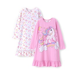 PATPAT Nightgowns for Girls, Pack of 2 Long Sleeve Pyjamas, Teenagers, Unicorn Design Dress, Nightdress Children, 2-12 Years, Size 80-152, pink