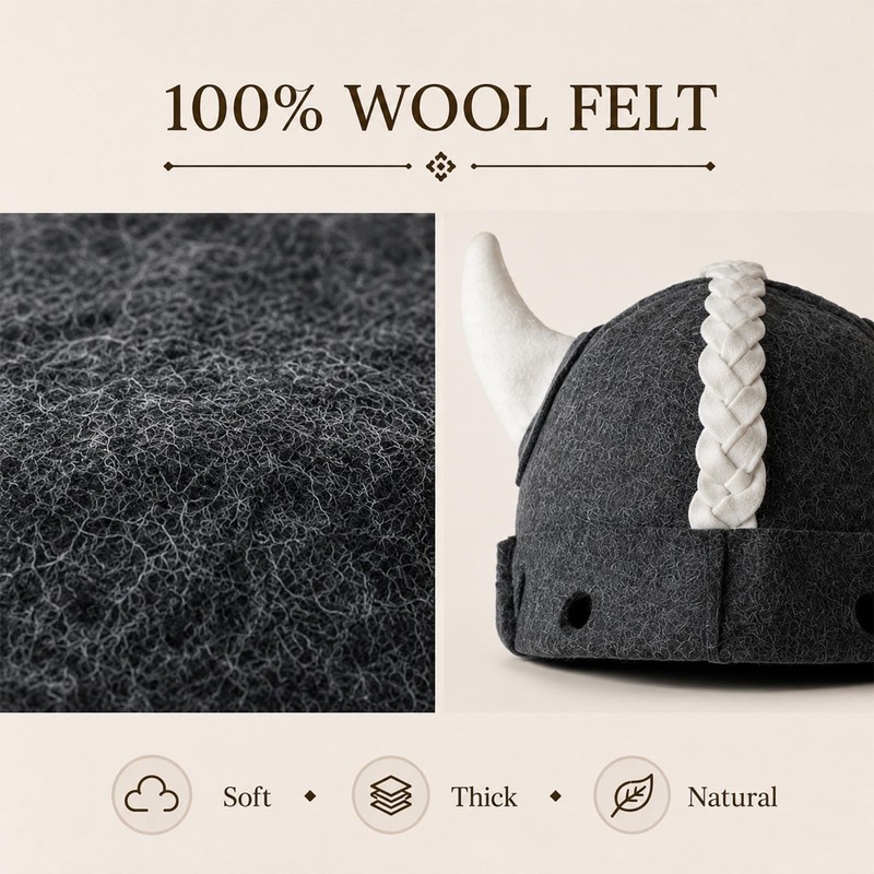 100% Wool Sauna Hat, Felt Viking Cap, Heat Protection Gray