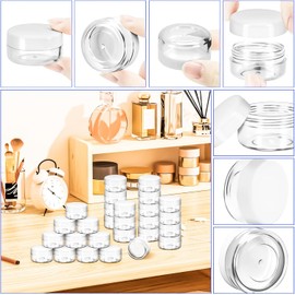Paquete de 50 tarros de plástico de 10 g con tapas, recipientes redondos transparentes de 10 ml, tarros de maquillaje, frascos de tamaño de viaje con 20 espátulas para muestra, crema de