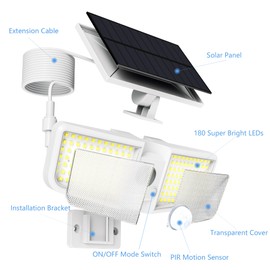 Cozeet Solar Outdoor Floodlights, Motion Sensor 180 LED Waterproof 6500K with Remote Control, Solar Security Outdoor Light with IP65 for Wall Porch Barn Patio Garage, White 1-PCS