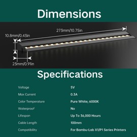 for Bambu Labs A1 Strip, LED Light Strip Upgrade Kit for Bambu-Lab P1S/P1P/X1C/X1E 3D Printers, 5V 0.3A Magnetic LED Light Bar, Enhanced Visibility for 3D Printing