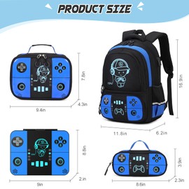 Bevalsa Backpack for Boys with Bento Lunch Box Set, Cool Luminous Gamer Boys Backpack Bookbag for Kid, 43oz Lunch Containers Lunchbox, Insulated Lunch Bag & Pencial Case, Back To School Gift (Blue)