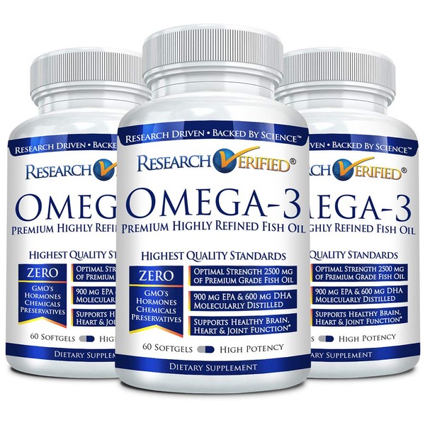 Research Verified Omega 3 - Omega 3 Fish Oil - 100% Pure Premium Omega Fatty Acids - High EPA 800mg + DHA 600MG; no Aftertaste - 1500mg Softgel Capsules, 3 Bottles (3 Months Supply)