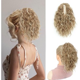 Fine Plus Claw Clip Ponytail Extension, 30.48cm kurz Lockige Zopf Pony Haarextension Natürliche Synthetik Pony Haarteil für Frauen und Mädchen- Schwarz Braun