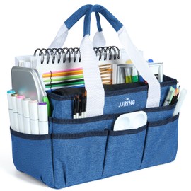 JJRING Craft Organizer Tote Bag, Art Storage Caddy with Multiple Pockets, Blue Sewing Bag for Art, Craft, Scrapbooking, School, Medical, and Office Supplies Storage