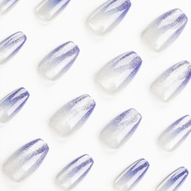 Coffin Press on Nails Medium Cat Eye Fake Nails Tips Blue Gradient Acrylic Nails Press ons Glossy Acrylic Nails Bling Full Cover Stick on Nails for Women Manicure 24 Pcs