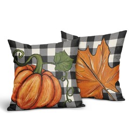 Fall Throw Pillow Covers 18x18 Inch Buffalo Plaid Pumpkin Maple Leaves Decorative Pillow Cases Thanksgiving Autumn Square Pillow Covers Set of 2 Farmhouse Home Decor For Sofa Couch Porch Outdoor