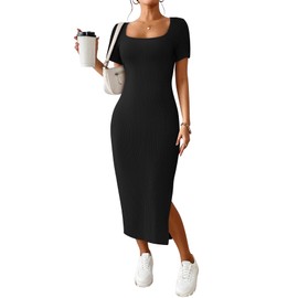 CFLONGE Casual Dresses for Women 2025 Summer Ribbed Short Sleeve Bodycon Maxi Dress Side Slit Knit Square Neck Long Sundress(Black,Large)