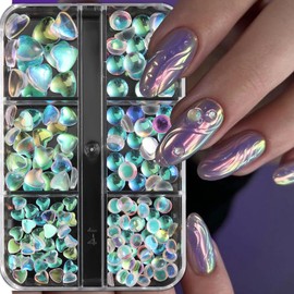 6 Grids Rhinestones Nail Studs 3D Aurora Love Heart Semicircle Stereoscopic Nail Art Glitter Flakes Decorations Rivet Jewelry Accessories for Women Manicure Supplies DIY Crafts Sequins