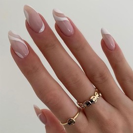 White French Tip Press on Nails Medium Almond Fake Nails White Swirl Acrylic Nails Press ons Nude Full Cover Stick Glue on Nails for Women 24 Pcs