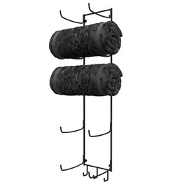Wallniture Bathroom Wall Mounted Towel Rack Organizer, Bath & Hand Towel Holder, Bathroom Storage Rack with Hooks, 5 Sectional, Black