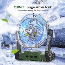 Ausic 10W Misting Solar Fan, 10000mAh Camping Fan Portable with Solar Panel & 250ml Water Tank, 8 Inch Battery Operated Rechargeable Cooling Fan with Hook, Outdoor Tent Fan for Travel