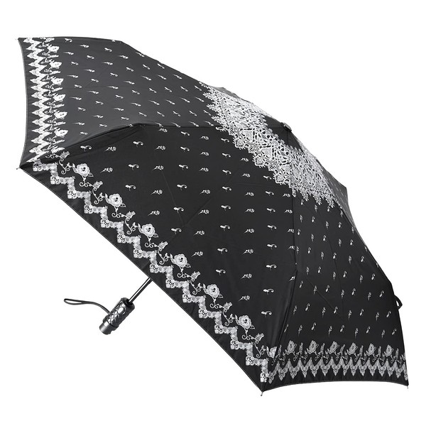 UVION Automatic Open and Close Umbrella, Large, Foldable, Rain Umbrella, Windproof, For Both Sunny and Rainy Weather, UV Protection, Parasol, 6 Ribs, Cal Close, Lace Pattern, Floral Pattern, Black