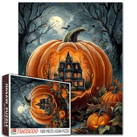 Rompecabezas de noche de Halloween, 1000 piezas para adultos, familias (calabaza, castillo, bosque de otoño, luna llena) piezas que se ajustan perfectamente a 19.7 x 27.6 pulgadas (negro)